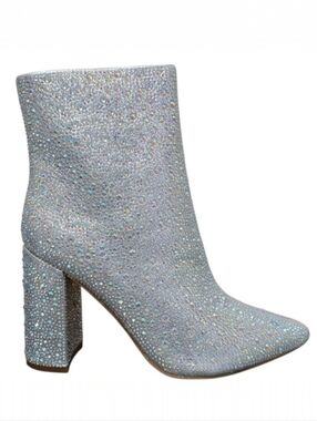 Lauren Lorraine Jam Silver Shiny Rhinestone Chunky Block Ankle Boot Size 7.5